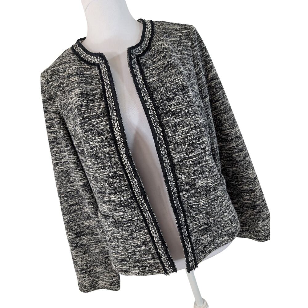 TALBOTS! BLACK & WHITE MARLED, STRETCH KNIT, OPEN CARDIGAN JACKET! POCKETS! LP